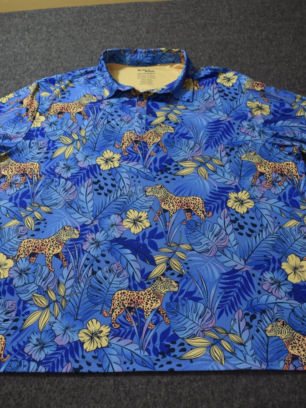 Birdie Bound Mens Jungle Leopard Azure Blue Printed Golf Polo Shirt SZ 3XL NWT